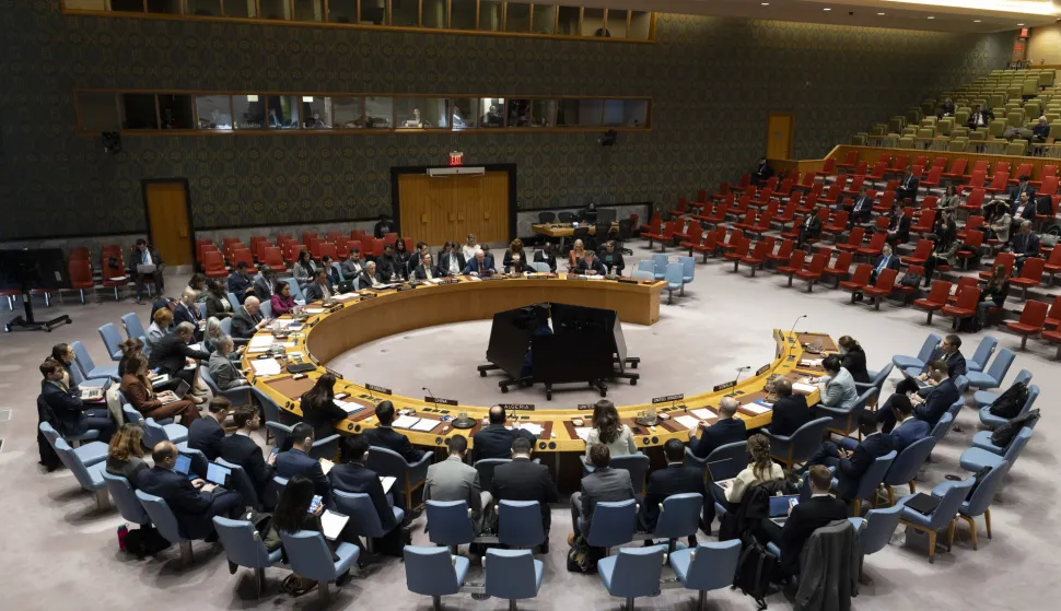 epaselect epa12018216 Members of the United Nations Security Council listen to Tom Fletcher, United Nations Under-Secretary-General for Humanitarian Affairs and Emergency Relief Coordinator, during a UN Security Council meeting called following a recent missile strike by Russia on a residential area in Ukraine, at the United Nations headquarters in New York, New York, USA, 08 April 2025. EPA/JUSTIN LANE