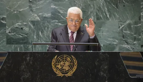 epa11626231 President of the Palestinian Authority, Mahmoud Abbas acknowledges those clapping as he approaches the podium for his address during the General Debate of the 79th session of the United Nations General Assembly at United Nations Headquarters in New York, New York, USA, 26 September 2024. The annual high-level General Debate gathers world leaders from 24 to 28 September, and 30 September under the theme, 'Leaving no one behind: acting together for the advancement of peace, sustainable development and human dignity for present and future generations'. EPA/SARAH YENESEL