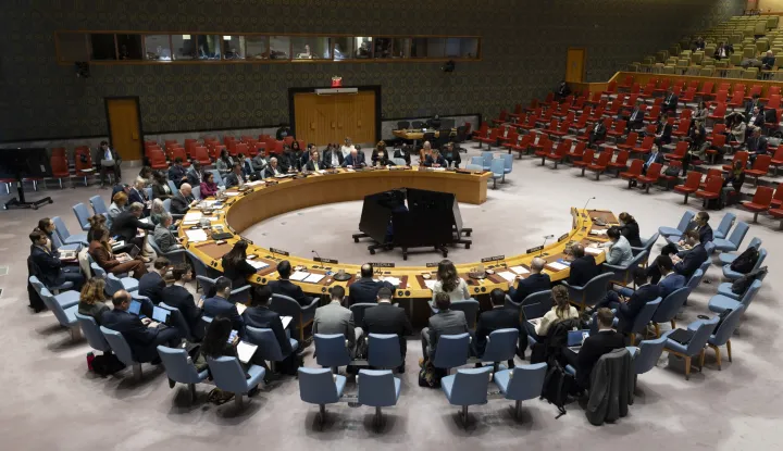epaselect epa12018216 Members of the United Nations Security Council listen to Tom Fletcher, United Nations Under-Secretary-General for Humanitarian Affairs and Emergency Relief Coordinator, during a UN Security Council meeting called following a recent missile strike by Russia on a residential area in Ukraine, at the United Nations headquarters in New York, New York, USA, 08 April 2025. EPA/JUSTIN LANE