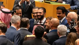 epa12398550 Syrian President Ahmed al-Sharaa (C) and French President Emmanuel Macron (C-R) look on before the start of the High-Level International Conference for the Peaceful Settlement of the Question of Palestine and the Implementation of the Two-State Solution, at the United Nations (UN) headquarters in New York, New York, USA, 22 September 2025. The UN General Assembly's high-level week runs from 22 until 30 September. EPA/LEV RADIN
