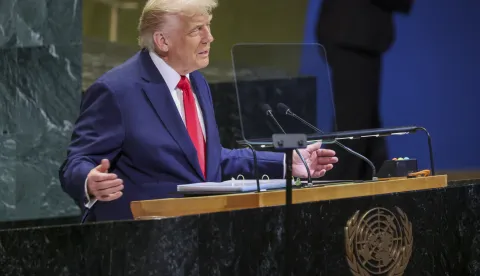 epa12399872 US President Donald Trump speaks during the General Debate of the 80th session of the United Nations General Assembly (UNGA) at the United Nations headquarters in New York, New York, USA, 23 September 2025. EPA/SARAH YENESEL