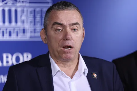 Zagreb, 24.09.2025 - Konferencija za medije Kluba zastupnika Domovinskog pokreta na kojoj su Stipo Mlinarić i Ivica Kukavica govorili o svinjskoj kugi Baranji. Na slici Stipo Mlinarić.foto HINA/ Damir SENČAR/ ds