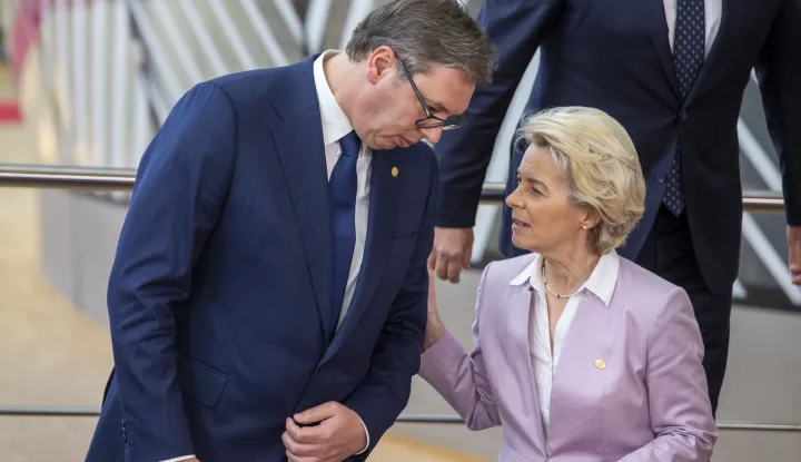 President of Serbia Aleksandar Vucic and European Commission president Ursula Von der Leyen pictured during an EU-Western Balkan meeting, ahead of the European council summit, in Brussels, Thursday 23 June 2022. The leaders of Serbia, Albania and North Macedonia will not boycott the European Union summit after all. The leaders of Albania and North Macedonia considered staying away from the summit as Bulgaria continues to block the start of talks over the two countries' accession to the EU. The EU summit on the Western Balkans begins Thursday. This will be followed by a regular summit, including on granting candidate country status to Ukraine and Moldova. BELGA PHOTO NICOLAS MAETERLINCK Photo: NICOLAS MAETERLINCK/BELGA