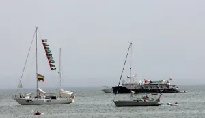 epa12364871 Vessels, part of the Global Sumud Flotilla, off the coast of Sidi Bou Said, one day after a drone attack on one of the humanitarian ships in Tunisian waters off Tunis, Tunisia, 09 September 2025. The Global Sumud Flotilla (GSF) for Gaza announced on 09 September that one of its main vessels was reportedly targeted by a drone while in Tunisian waters. The six people on board, both passengers and crew, were not injured. According to the WFTU statement, the ship, which sails under the Portuguese flag and carries the initiative's steering committee, suffered damage following a fire affecting the main deck and a storage area. Tunisian authorities rejected the theory of an airstrike, saying that, according to a first inspection, the explosion that caused the fire probably started inside the ship. EPA/MOHAMED MESSARA