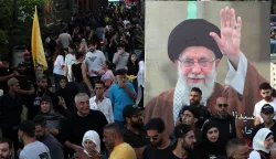 epa12405507 Supporters of Hezbollah carry a picture of Iran's supreme leader, Ayatollah Ali Khamenei, during a rally organized by Hezbollah to mark the first anniversary of the deaths of the late Hezbollah leaders Hassan Nasrallah and Hashem Safieddine in Beirut, Lebanon, 25 September 2025. Nasrallah was killed on 27 September 2024 in an Israeli airstrike targeting a Hezbollah command center in Haret Hreik. Safieddine, briefly named as his successor, was killed days later in a separate Israeli strike. EPA/WAEL HAMZEH