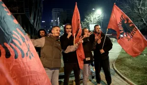 epa11885257 Supporters of the Prime Minister and leader of the 'Vetevendosje' party, Albin Kurti, hold Albanian flags in Pristina, Kosovo, 09 February 2025. The Republic of Kosovo held the parliamentary elections with Kurti's party leading with 42 percent of the vote, a drop from the 50 percent Kurti received in 2021. EPA/GEORGI LICOVSKI