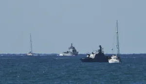 epa12423140 Vessels of the Global Sumud Flotilla arriving at Ashdod port 02 October 2025 after being intercepted whilst carrying aid to Gaza. Israel's Foreign Ministry announced that several vessels that form part of the Global Sumud Flotilla (GSF) had been stopped and that those aboard were being transferred to an Israeli port. EPA/ATEF SAFADI