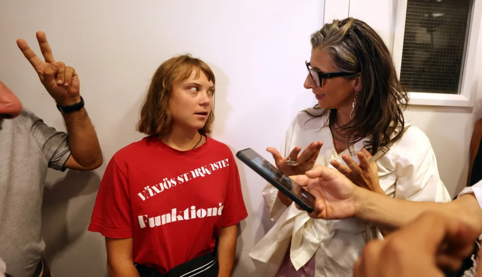 epa12363288 Francesca Albanese, United Nations Special Rapporteur on the Occupied Palestinian Territories (R) and Swedish climate activist Greta Thunberg (L) gather in support of a humanitarian flotilla bound for Gaza at the headquarters of the Tunisian General Labor Union (UGTT) in Tunis, Tunisia on 08 September 2025. The flotilla, an international maritime initiative, is expected to depart from Tunis on 10 September, as part of a multi-country humanitarian effort to reach the shores of Gaza and deliver humanitarian aid. EPA/MOHAMED MESSARA