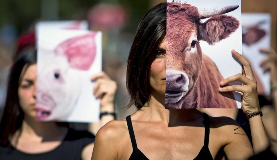 epa07058671 Women hold up pictures of a cow (R) and a pig (L) next to their faces during a protest in defense of farm animals in Barcelona, Spain, 30 September 2018, as part of the activities marking the World Farm Animals Day 2018, which is celebrated every year on 02 October. EPA/ENRIC FONTCUBERTA