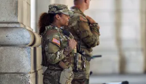 epa12322619 Members of the National Guard on patrol with sidearms at Union Station in Washington DC, USA, 25 August 2025. As the second week of U.S. President Donald Trump's takeover of Washington, D.C., policing begins, Mississippi joins three other Republican-led states that have vowed to deploy National Guard members in support of the Trump administration's operation. EPA/WILL OLIVER