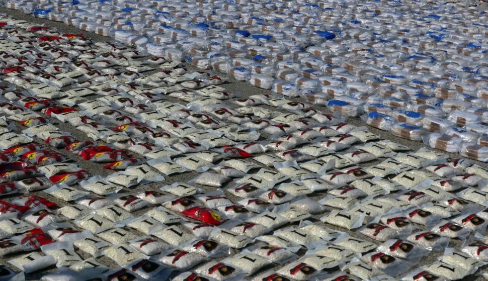epa12379482 Bags containing pills of drugs, a substance of Captagon, are displayed on the floor at the headquarters of the Information Branch in Beirut, Lebanon, 15 September 2025. Minister Ahmad al-Hajjar announced that six million and 500 thousand Captagon pills, intended for smuggling to the Kingdom of Saudi Arabia via Beirut Port, were successfully seized. The head of the trafficking network, along with several accomplices, was apprehended in a coordinated operation based on local intelligence and the efforts of the Information Branch. Authorities intercepted the shipment before it reached the port, effectively thwarting the smuggling attempt. EPA/WAEL HAMZEH