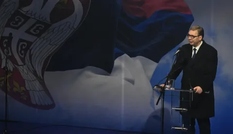 Jagodina, 24.01.2025. - Srbijanski predsjednik Aleksandar Vučić pozvao je u petak na formiranje širokog "narodnog pokreta za budućnost Srbije" ustvrdivši da je Srbija "napadnuta i izvana i iznutra", a tromjesečne prosvjede i studentske blokade nazvao je pokušajima dolaska na vlast "zlouporabom djece". Na fotografiji Aleksandar Vučić.foto HINA/ TANJUG/ STR, fotografija niske rezolucije/ nr/ ml