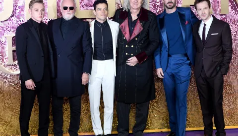 epa07114413 Actors and cast members (L-R) Ben Hardy, Rami Malek, Gwilym Lee and Joseph Mazzello and members of British rock band 'Queen' Roger Taylor (2-L) and Brian May (3-R) attend the world premiere of 'Bohemian Rhapsody' in London, Britain, 23 October 2018. The movie opens across UK theaters on 24 October. EPA/FACUNDO ARRIZABALAGA