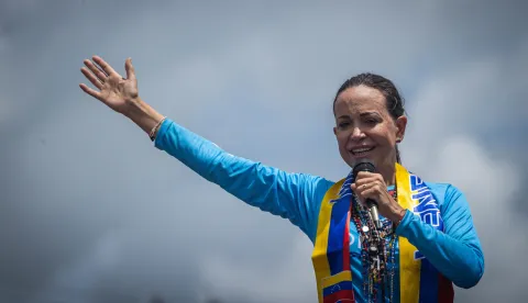epa12444141 (FILE) Maria Corina Machado speaks to supporters during a caravan to promote the vote for the presidential candidate of the main opposition alliance in Venezuela, Edmundo Gonzalez Urrutia, ahead of the presidential elections, in Maturin, Venezuela, 20 July 2024 (reissued 10 October 2025). The Norwegian Nobel Committee has announced at the Norwegian Nobel Institute in Oslo, Norway, 10 October 2025, to award the Nobel Peace Prize for 2025 to Venezuelan opposition leader Maria Corina Machado. EPA/Henry Chirinos