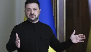 epa12445418 Ukrainian President Volodymyr Zelensky holds his briefing for journalists in Kyiv, Ukraine, 10 October 2025, amid the ongoing Russian invasion. Volodymyr Zelensky spoke with the media after the Russian missile and drone attacks on energy facilities, which left a significant number of consumers without power in several Ukrainian cities. EPA/STRINGER