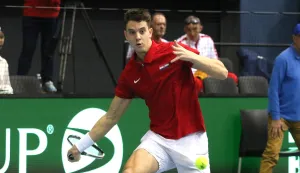 Osijek, 01. 02. 2025, SD Gradski vrt, tenis, Davis Cup, drugi dan. Hrvatska - Slovačka. Singl, revijalni meč, Matej Dodig vs Norbert Gombos. Matej Dodig.snimio GOJKO MITIĆ