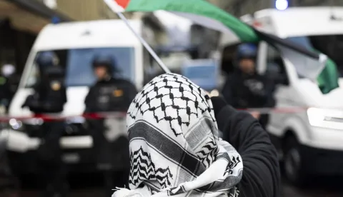 epa12447112 A protester wearing a keffiyeh and waving a Palestinian flag faces police officers during an unauthorized rally in solidarity with the Palestinian people, in Bern, Switzerland, 11 October 2025. EPA/PETER KLAUNZER