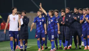 Varaždin, 12.10.2025 - Utakmica kvalifikacija za Svjetsko nogometno prvenstvo 2026., Hrvatska - Gibraltar. Na slici hrvatski igrači slave nakon pobjede.foto HINA/ Damir SENČAR/ ds