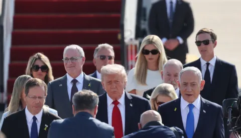 epa12449932 Israeli President Isaac Herzog (L), US President Donald Trump (C), and Israeli Prime Minister Benjamin Netanyahu at Ben Gurion Airport in Tel Aviv, Israel, 13 October 2025. According to a parliament spokesperson for the Israeli Knesset, President Trump will deliver a speech at the Knesset on 13 October 2025 in light of a first phase ceasefire and hostages release deal between Israel and Hamas. US President Trump will then travel to Sharm el Sheikh, Egypt for a Peace Summit co-chaired with Egyptian President Abdel Fattah al Sisi and participation by around 20 world leaders with a goal to end the war in the Gaza Strip and enhance efforts to bring peace and stability to the Middle East. EPA/ABIR SULTAN