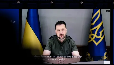 epa12274367 Ukrainian Volodymyr Zelenski speaks via video connection during the Helsinki+50 Discussions on the Future of the Organization for Security and Co-operation in Europe (OSCE) conference, at the Finlandia Hal in Helsinki, Finland, 31 July 2025. The Discussions, conducted in connection with the Helsinki+50 Conference, bring together all participating States, partner countries, and representatives of civil society. EPA/JUSSI ESKOLA
