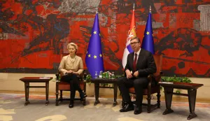 epa12454762 Serbian President Aleksandar Vucic (R) talks with European Commission President Ursula von der Leyen (L) during their meeting in Belgrade, Serbia, 15 October 2025. Von der Leyen is in Serbia as part of her tour of Western Balkan countries. EPA/ANDREJ CUKIC