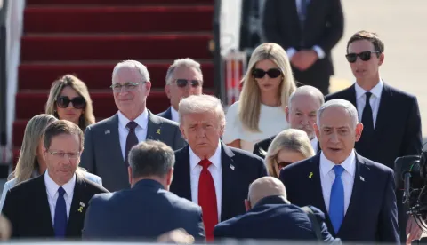 epa12449932 Israeli President Isaac Herzog (L), US President Donald Trump (C), and Israeli Prime Minister Benjamin Netanyahu at Ben Gurion Airport in Tel Aviv, Israel, 13 October 2025. According to a parliament spokesperson for the Israeli Knesset, President Trump will deliver a speech at the Knesset on 13 October 2025 in light of a first phase ceasefire and hostages release deal between Israel and Hamas. US President Trump will then travel to Sharm el Sheikh, Egypt for a Peace Summit co-chaired with Egyptian President Abdel Fattah al Sisi and participation by around 20 world leaders with a goal to end the war in the Gaza Strip and enhance efforts to bring peace and stability to the Middle East. EPA/ABIR SULTAN