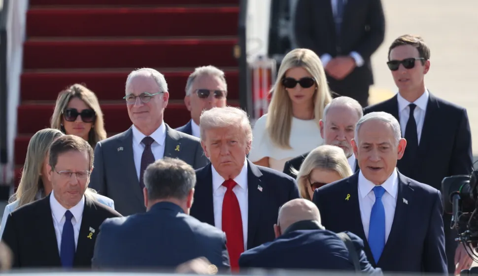 epa12449932 Israeli President Isaac Herzog (L), US President Donald Trump (C), and Israeli Prime Minister Benjamin Netanyahu at Ben Gurion Airport in Tel Aviv, Israel, 13 October 2025. According to a parliament spokesperson for the Israeli Knesset, President Trump will deliver a speech at the Knesset on 13 October 2025 in light of a first phase ceasefire and hostages release deal between Israel and Hamas. US President Trump will then travel to Sharm el Sheikh, Egypt for a Peace Summit co-chaired with Egyptian President Abdel Fattah al Sisi and participation by around 20 world leaders with a goal to end the war in the Gaza Strip and enhance efforts to bring peace and stability to the Middle East. EPA/ABIR SULTAN