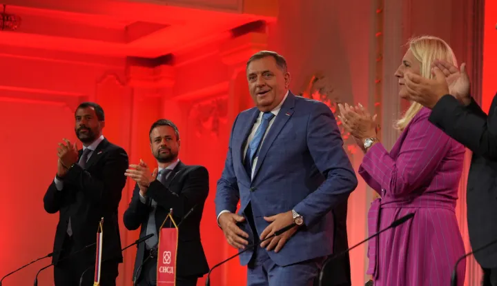 04.08.2025., Banski dvor, Banja Luka (BiH) - Sjednica Glavnog odbora Saveza nezavisnih socijaldemokrata (SNSD) u Kulturnom centru Banski dvor. Igor Dodik, Milorad Dodik, Zeljka Cvijanovic Photo: Dejan Rakita/PIXSELL