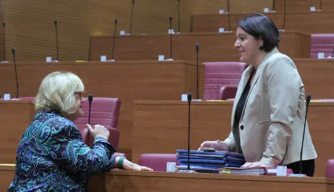 Zagreb.14.10.2025.-- Nastavlja se 7. sjednica Hrvatskoga sabora.Na slici Anka Mrak Taritaš i Marija Lugarić.Foto HINA/Tomislav Pavlek/ tp