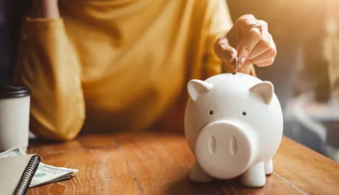 woman hand putting money coin into piggy for saving money wealth and financial concept.
