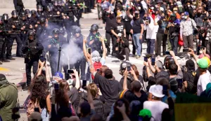 Law enforcement confronts demonstrators during a protest in Los Angeles, California, on June 8, 2025, following federal immigration operations. Clashes erupted between U.S. Border Patrol and demonstrators after Immigration and Customs Enforcement (ICE) raided a Home Depot. In response, U.S. President Donald Trump deployed 2,000 troops to the area the same day—a move California's governor denounced as "purposefully inflammatory." Photo by Sahab Zaribaf/Middle East Images/ABACAPRESS.COM Photo: Middle East Images/ABACA/ABACA