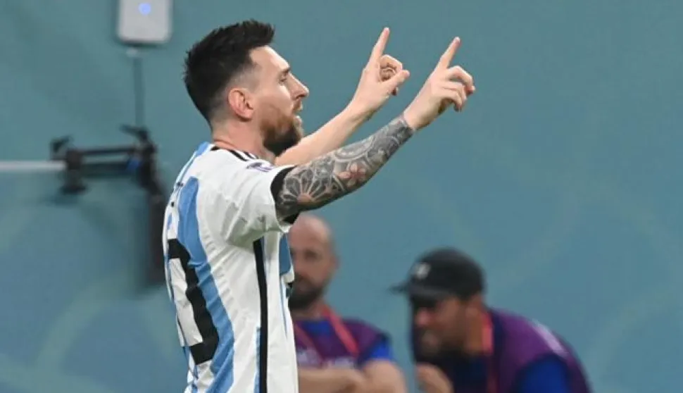 epa10346779 Lionel Messi of Argentina celebrates after scoring the 1-0 during the FIFA World Cup 2022 round of 16 soccer match between Argentina and Australia at Ahmad bin Ali Stadium in Doha, Qatar, 03 December 2022. EPA/Neil Hall