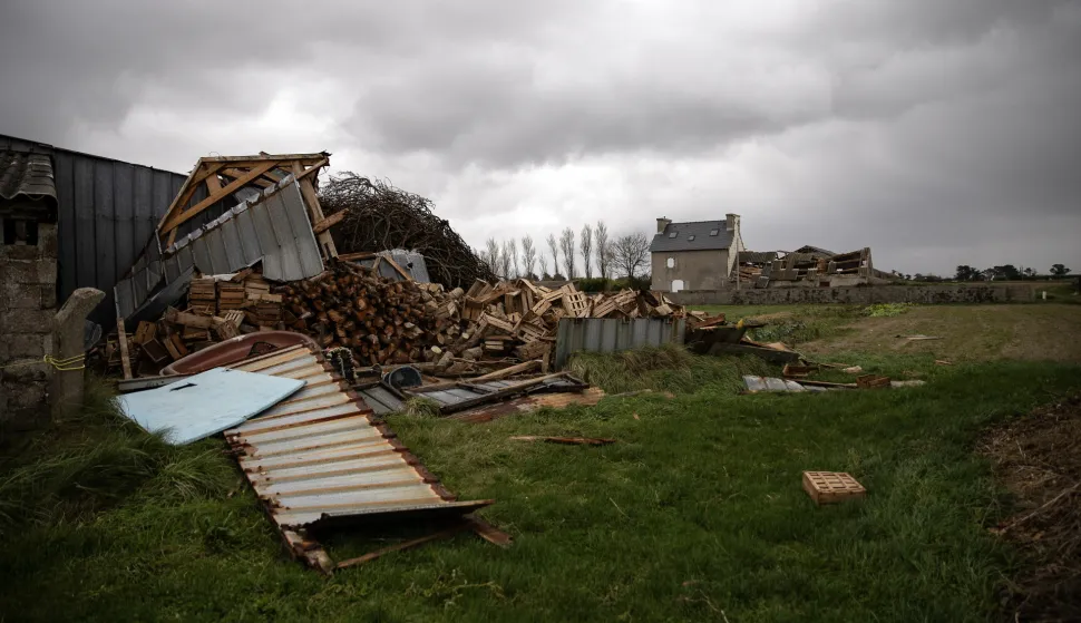 epa10955201 Damage is seen on a property after the passing of storm Ciaran in Kerlouan, in the Finistere department of Brittany, northwestern France, 02 November 2023. A red alert for high winds and flooding was issued for the Finistere department as storm Ciaran battered north-west France. French Interior Minister Gerald Darmanin said that at least one person has died in France, and at least 16 others were injured, including seven firefighters. EPA/VINCENT FEURAY