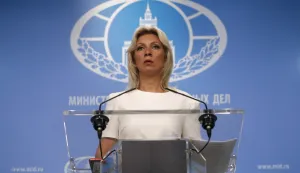 epa06925243 Maria Zakharova, the Russian Foreign Ministry's spokeswoman, attends a briefing in Moscow, Russia, 03 August 2018. Media reports on 31 July 2018 stated that Maria Zakharova has come out with a new career, writing lyrics for pops songs, with her work, 'Paid in Full' which is performed by Russian singer Katya Lel. EPA/MAXIM SHIPENKOV