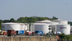 epa09924315 A view of fuel tanks of Russian multinational energy corporation Lukoil at its headquarters in Brussels, Belgium, 03 May 2022. The 6th package of European measures prepared by the European Commission will put Russia's entire oil ecosystem under sanctions. EPA/STEPHANIE LECOCQ