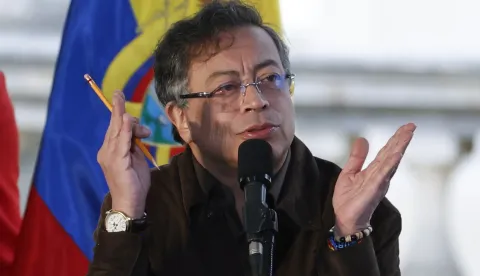 epa12461359 Colombian President Gustavo Petro speaks during a public ceremony recognizing the state's international responsibility before the Jose Alvear Restrepo Lawyers' Collective (Cajar) in Bogota, Colombia, 17 October 2025. The Colombian state publicly apologized to the collective for more than three decades of persecution, harassment, and illegal intelligence gathering, in compliance with the ruling of the Inter-American Court of Human Rights (IACHR), which in 2024 declared its international responsibility. EPA/MAURICIO DUENAS CASTANEDA