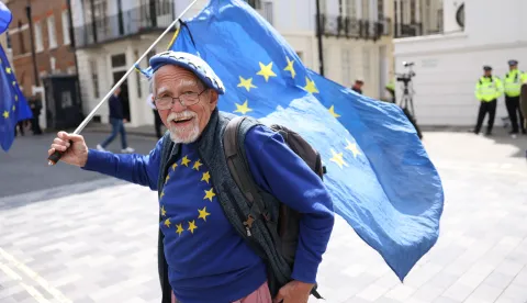 epa12116980 An anti-Brexit protester flies an EU flag outside the Lancaster House on the sidelines of the UK-EU Summit, in London, Britain, 19 May 2025. EPA/NEIL HALL