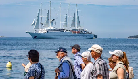 07.05.2023..,Rovinj -Ispred Rovinja usidrio se Wind Surf. Jedrenjak je to s pet jarbola i jedan je od najvecih jedrilica za krstarenje na svijetu. Photo: Srecko Niketic/PIXSELL