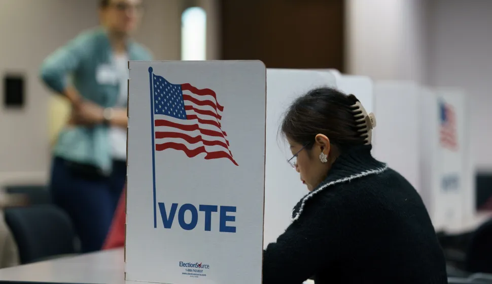 epa11703188 People vote at Fairfax County Government Center, Fairfax, Virginia, USA, 05 November 2024. Voters across the country are casting ballots today for President of the United States in a tightly contested race between Republican presidential candidate Donald J. Trump and Democratic presidential candidate US Vice President Kamala Harris, as well as for candidates in Congressional and local races. EPA/WILL OLIVER