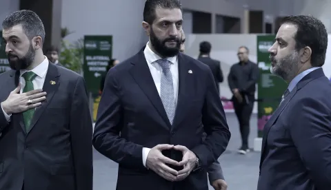 epa12509560 Syrian President Ahmed Al Sharaa (C) attends the opening of the COP30 leaders' summit at the Hangar Convention Center in Belem, Brazil, 06 November 2025. The COP30 Leaders' Summit precedes the main 30th United Nations Climate Change Conference in Belem, Brazil. The conference, running from 10 to 21 November is strategically located at the gateway to the Amazon rainforest. EPA/ANDRE COELHO