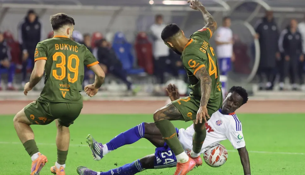 08.11.2025., stadion Poljud, Split - SuperSport HNL, 13. kolo, HNK Hajduk - NK Osijek. Abdoulie Sanyang Bamba, Domagoj Bukvic, Renan Guedes Borges. Photo: Ivana Ivanovic/PIXSELL
