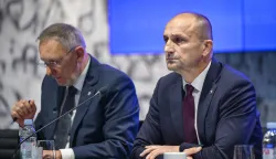 04.06.2025., Zagreb - Potpredsjednik Vlade Republike Hrvatske i ministar obrane Ivan Anusic i nacelnik Glavnog stozera Oruzanih snaga general-pukovnik Tihomir Kundid te potpredsjednik Vlade i ministar unutarnjih poslova Davor Bozinovic i ravnatelj Ravnateljstva civilne zastite Damir Trut predstavili su izmjene i dopune Zakona o obrani i Zakona o sluzbi u Oruzanim snagama kao podloge za uvodenje temeljnog vojnog osposobljavanja. Photo: Neva Zganec/PIXSELL