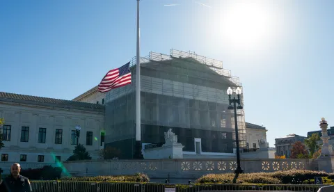 epa12505052 The sun rises over the facade of the Supreme Court in Washington, DC, USA, 05 November 2025. Supreme Court justices hear oral arguments in Learning Resources, Inc. v. Trump, a case challenging President Donald Trump's authority to impose tariffs on nearly all goods imported into the United States. EPA/AARON SCHWARTZ