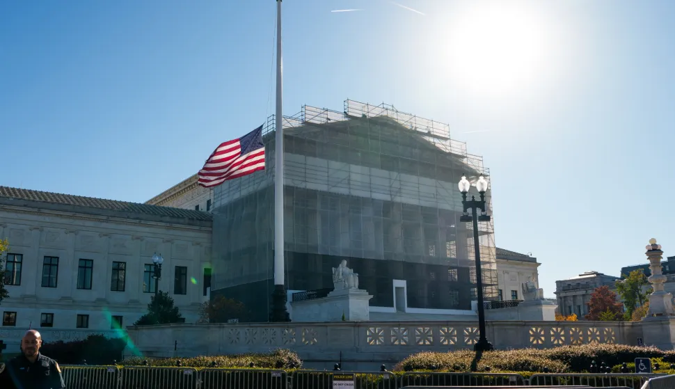 epa12505052 The sun rises over the facade of the Supreme Court in Washington, DC, USA, 05 November 2025. Supreme Court justices hear oral arguments in Learning Resources, Inc. v. Trump, a case challenging President Donald Trump's authority to impose tariffs on nearly all goods imported into the United States. EPA/AARON SCHWARTZ