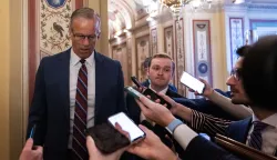 epa12516687 US Senate Majority Leader John Thune (R-SD) speaks to the press in the US Capitol in Washington, DC, USA, 10 November 2025. The US Senate struck a deal on Sunday night when eight Democratic Senators voted along with Republicans on a plan to eventually reopen the government should it pass through the House and gain US President Trump's approval. EPA/ANNABELLE GORDON