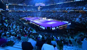 epa12514662 Simone Bolelli of Italy and Andrea Vavassori of Italy in action during the Doubles Round Robin match against Julian Cash of Great Britain and Lloyd Glasspool of Great Britain at the ATP Finals in Turin, Italy, 09 November 2025. EPA/Alessandro Di Marco