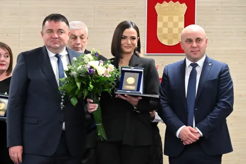 Vukovar, 11.11.2025. - Dan Vukovarsko-srijemske županije obilježen Svečanom sjednicom VSŽ u Veleučili&scaron;tu "Lavoslav Ružička", te dodjelom godi&scaron;njih nagrada i nagrada za životno djelo. Na fotografiji Počast županije Gradskoj knjižnici i čitaonici preuzela Vedrana Lugić. foto HINA/ Gordan Panić/ tm