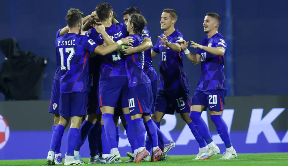 Zagreb, 08.09.2025 - Kvalifikacijska utakmica skupine L za odlazak na Svjetsko nogometno prvenstvo 2026. Hrvatska - Crna Gora. Na fotografiji slavlje igrača hrvatske nagon postignutog zgoditka.foto HINA/ Admir Buljubašić/ abu