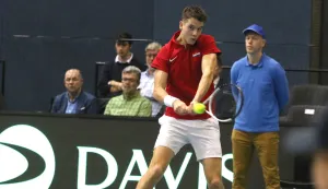 Osijek, 01. 02. 2025, SD Gradski vrt, tenis, Davis Cup, drugi dan. Hrvatska - Slovačka. Singl, revijalni meč, Matej Dodig vs Norbert Gombos. Matej Dodig.snimio GOJKO MITIĆ