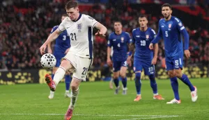 epa12524575 Elliot Anderson of England in action during the FIFA World Cup 26 UEFA qualifier between England and Serbia in London, Great Britain, 13 November 2025. EPA/ANDY RAIN